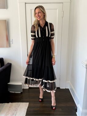 THE GREAT. Black Midi Dress with Cream Trim